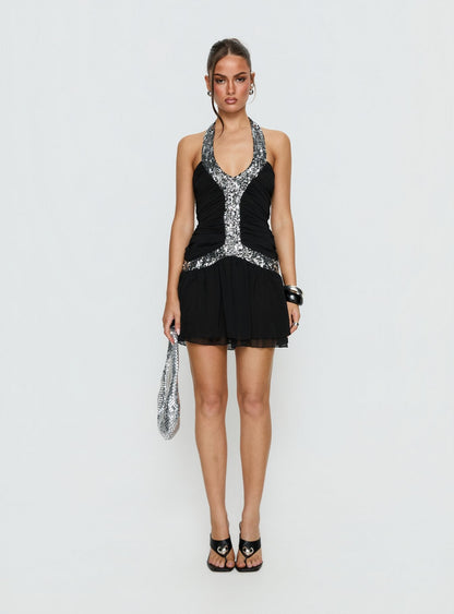 Aisleigh Sequin Halter Mini Dress Black / Silver