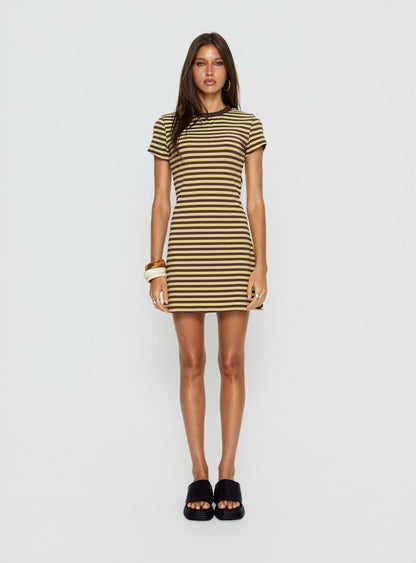 Settle Down Short Sleeve Mini Dress Yellow Stripe