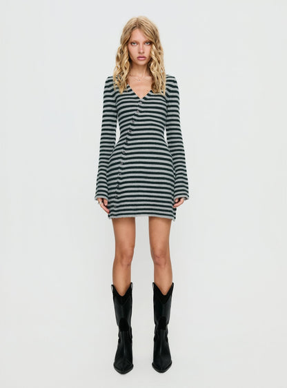 Morgen Asymmetrical Long Sleeve Mini Dress Grey / Green Stripe