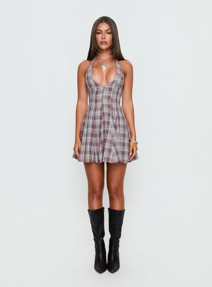 Out Of Nowhere Halter Mini Dress Burgundy / Pink Check
