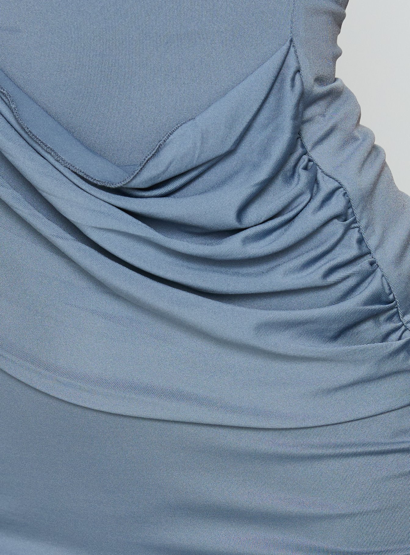 Alban Plunge Drape Halter Mini Dress Steel Blue