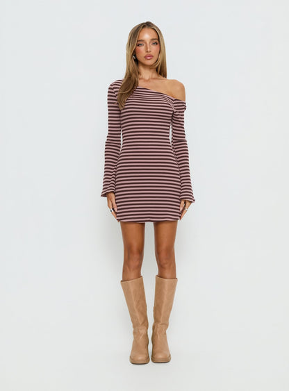 Adrietta Long Sleeve Off Shoulder Mini Dress Chocolate / Pink Stripe