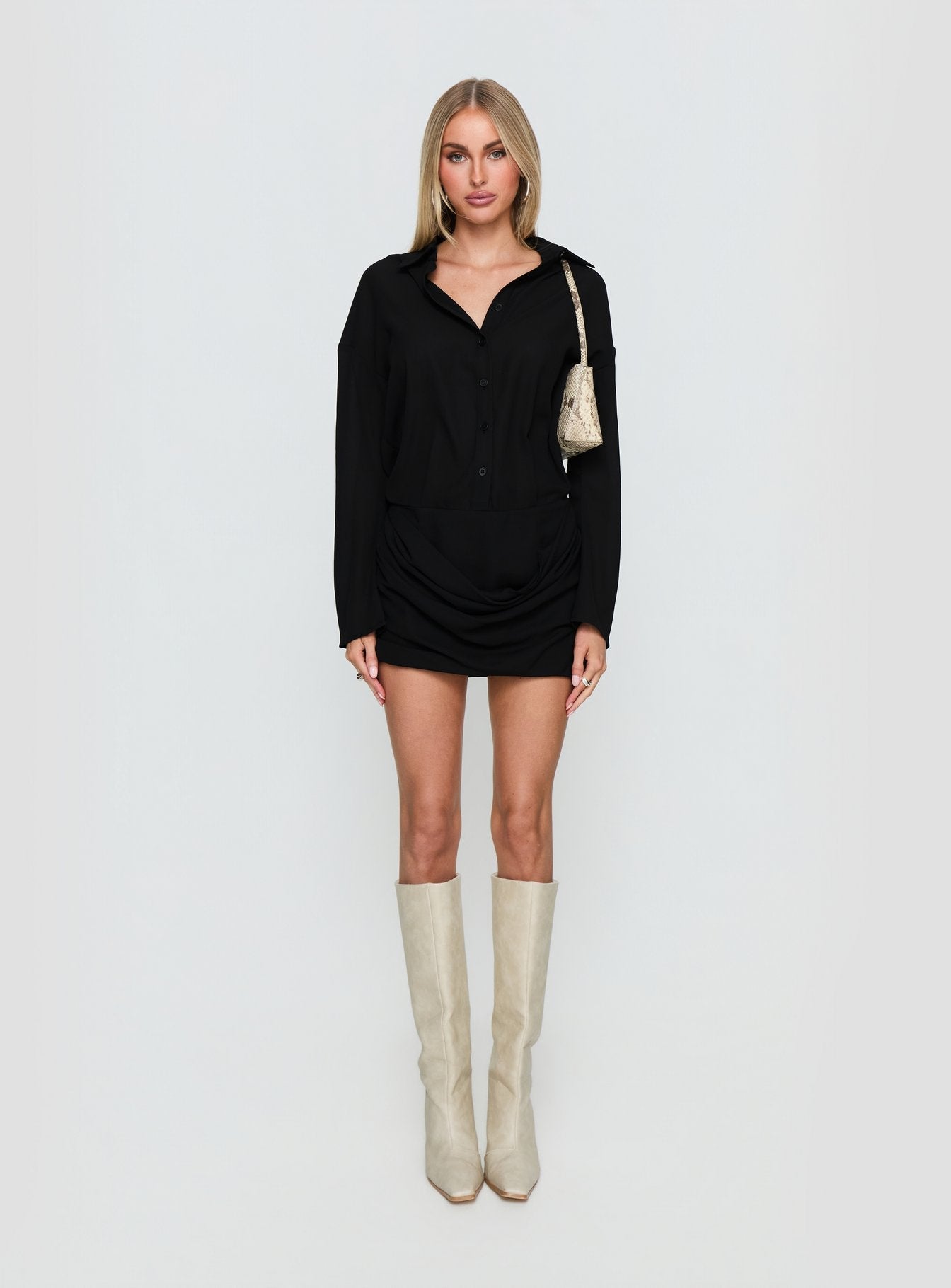 Tareno Long Sleeve Shirt Dress Black