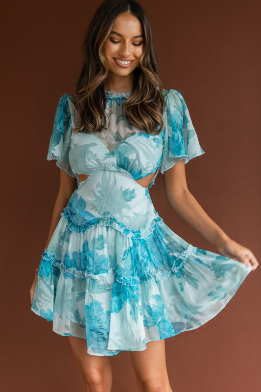 Tres Chic Flutter Sleeve Cut-Out Dress Botanical Blue