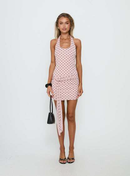 Natessa Halter Drape Mini Dress Pink Polka Dot