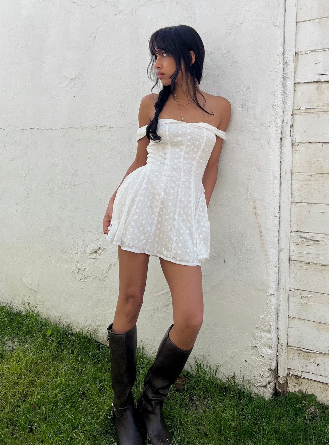 Rosebud Broderie Off The Shoulder Mini Dress White