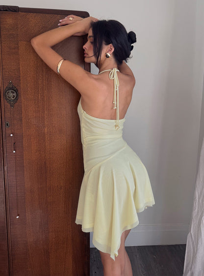 Rush Beaded Asymmetrical Halter Mini Dress Yellow
