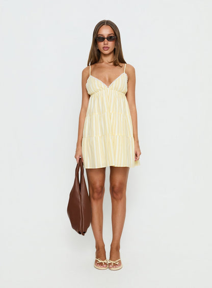 Summer Air V Neck Tiered Mini Dress Yellow