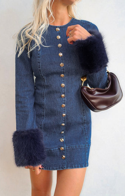 Rockefeller Mini Dress ~ Subzero Indigo with Faux Fur
