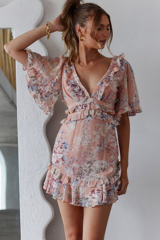 My Belle Cut-Out Detail Frill Accent Dress Vintage Floral Print Peach