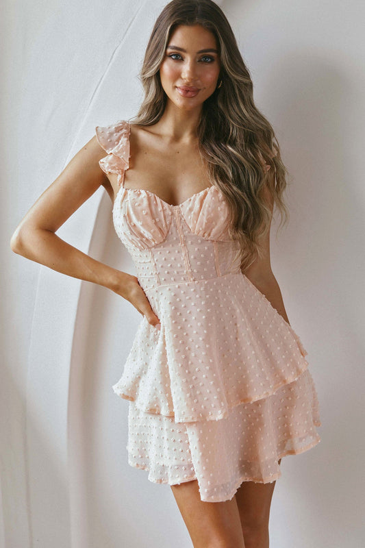 Theory Sweetheart Neckline Frill Strap Mini Dress Textured Peach