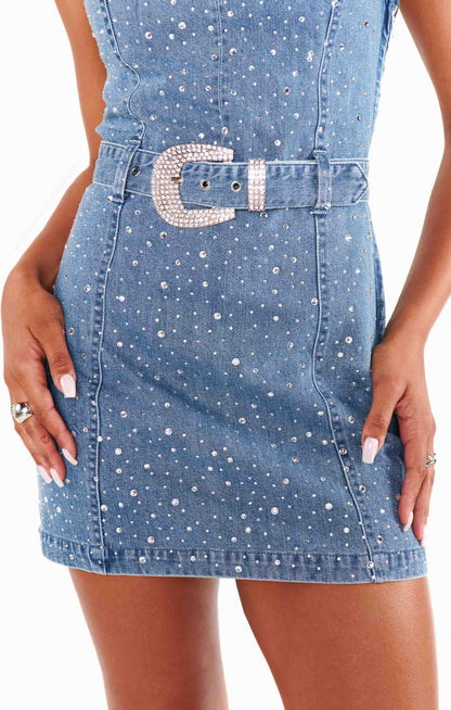 Vegas Mini Dress ~ Embellished Rhinestone Denim