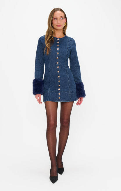 Rockefeller Mini Dress ~ Subzero Indigo with Faux Fur