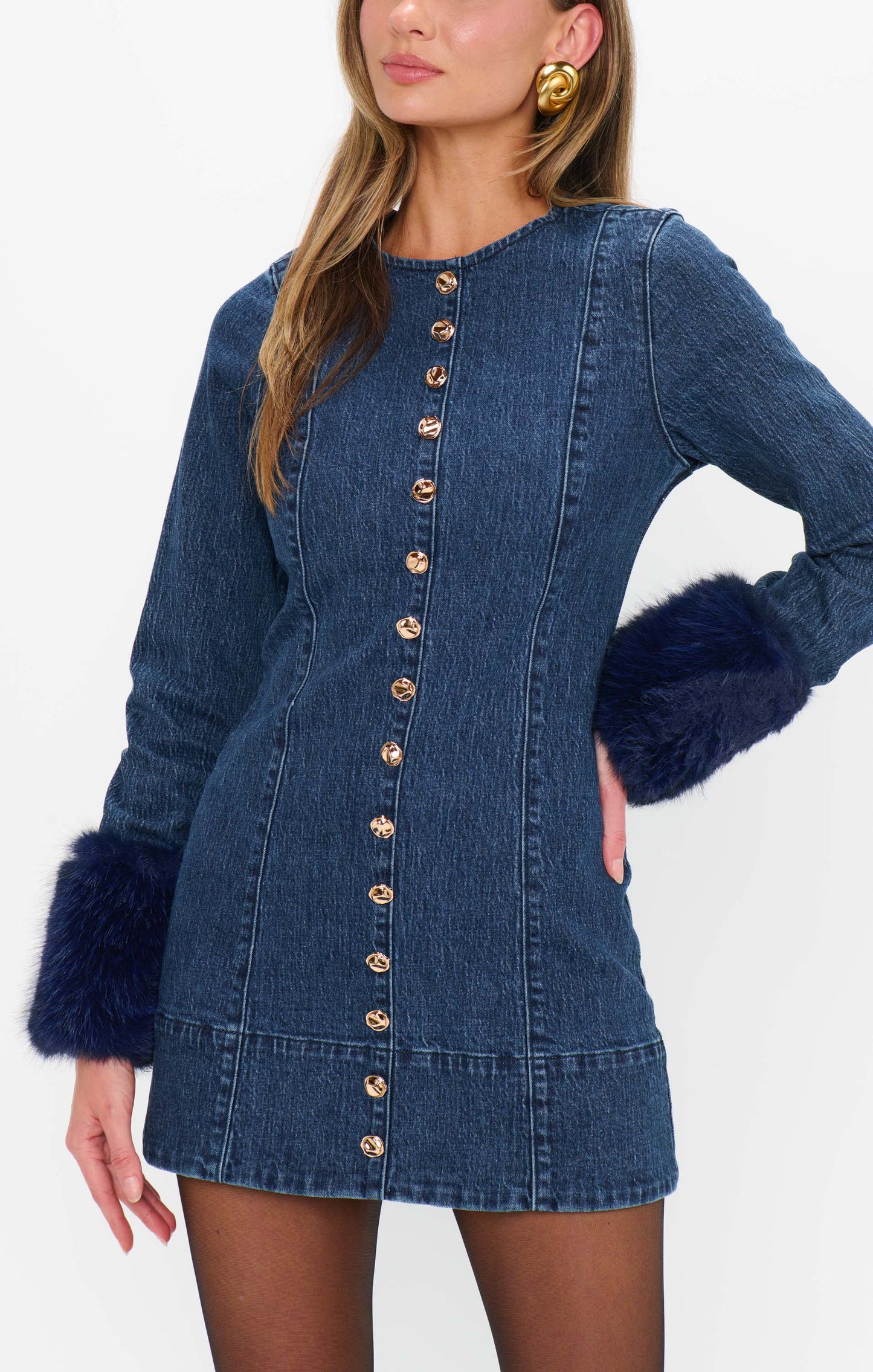 Rockefeller Mini Dress ~ Subzero Indigo with Faux Fur