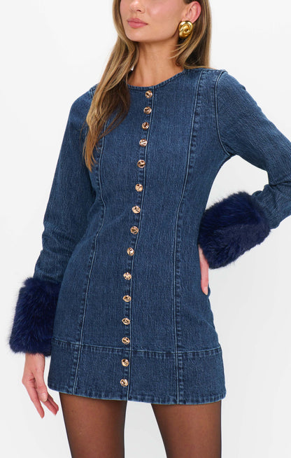 Rockefeller Mini Dress ~ Subzero Indigo with Faux Fur