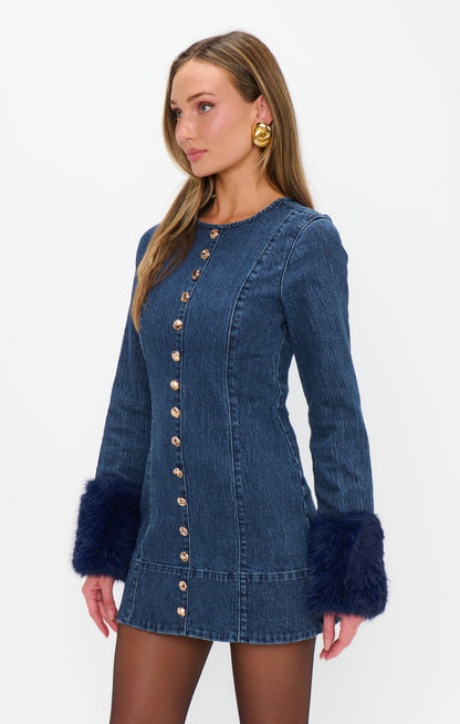Rockefeller Mini Dress ~ Subzero Indigo with Faux Fur