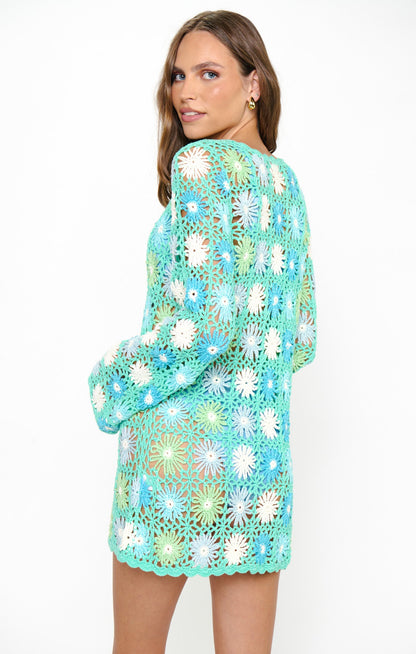 Vacay Mini Coverup ~ Blue Multi Floral Crochet