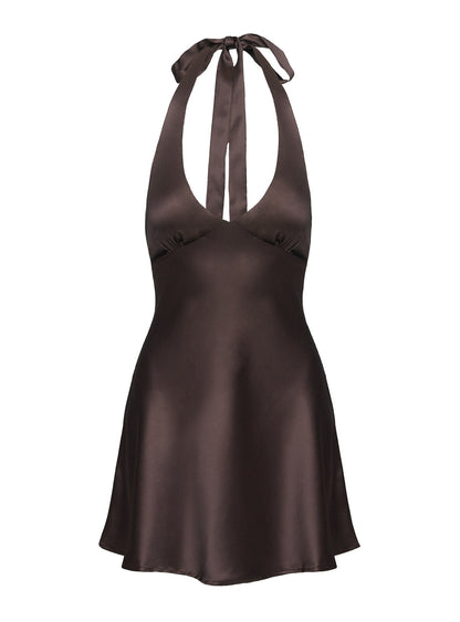 Pelagia Halter Scarf Tie Mini Dress Brown Tall