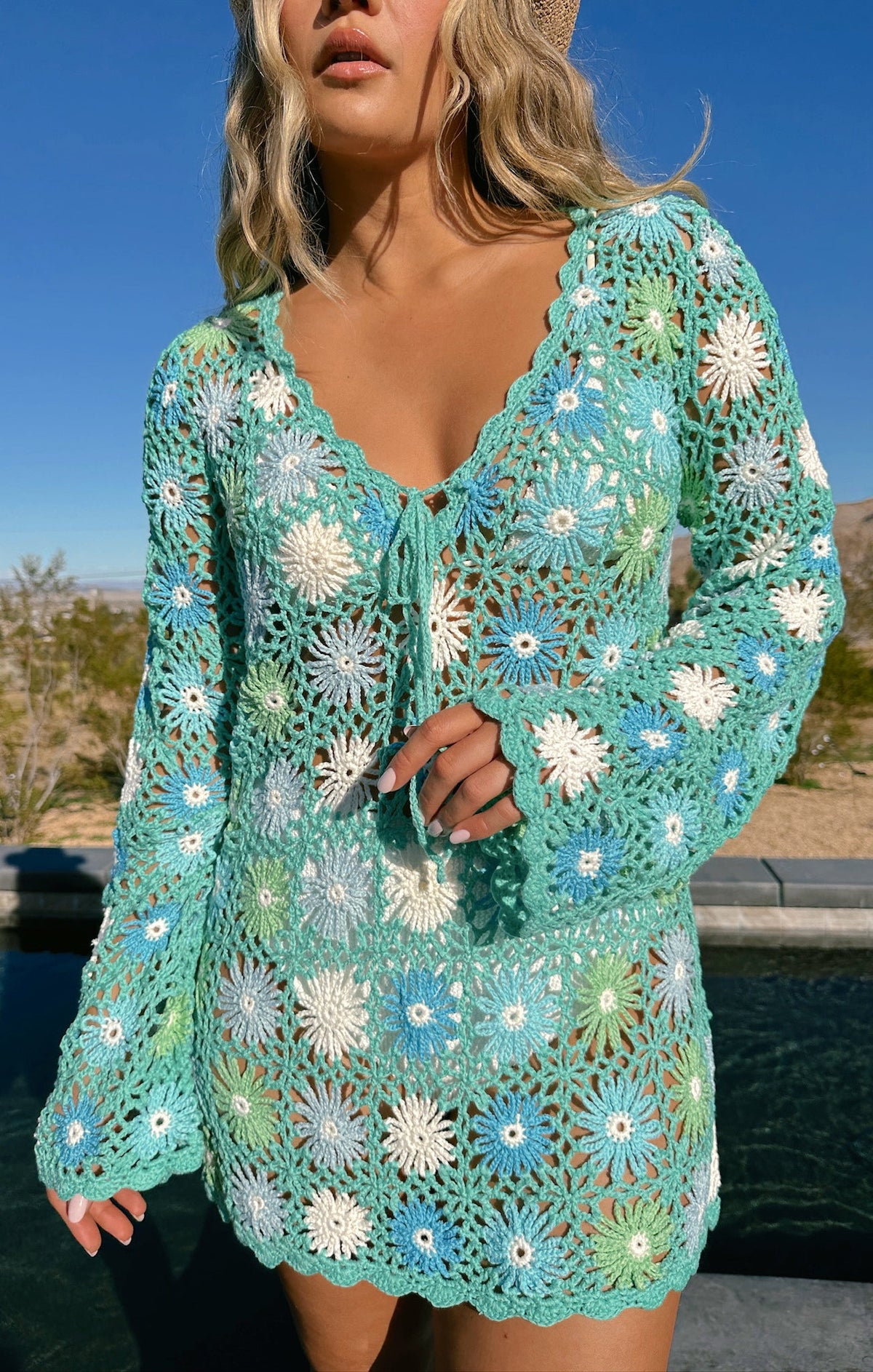 Vacay Mini Coverup ~ Blue Multi Floral Crochet